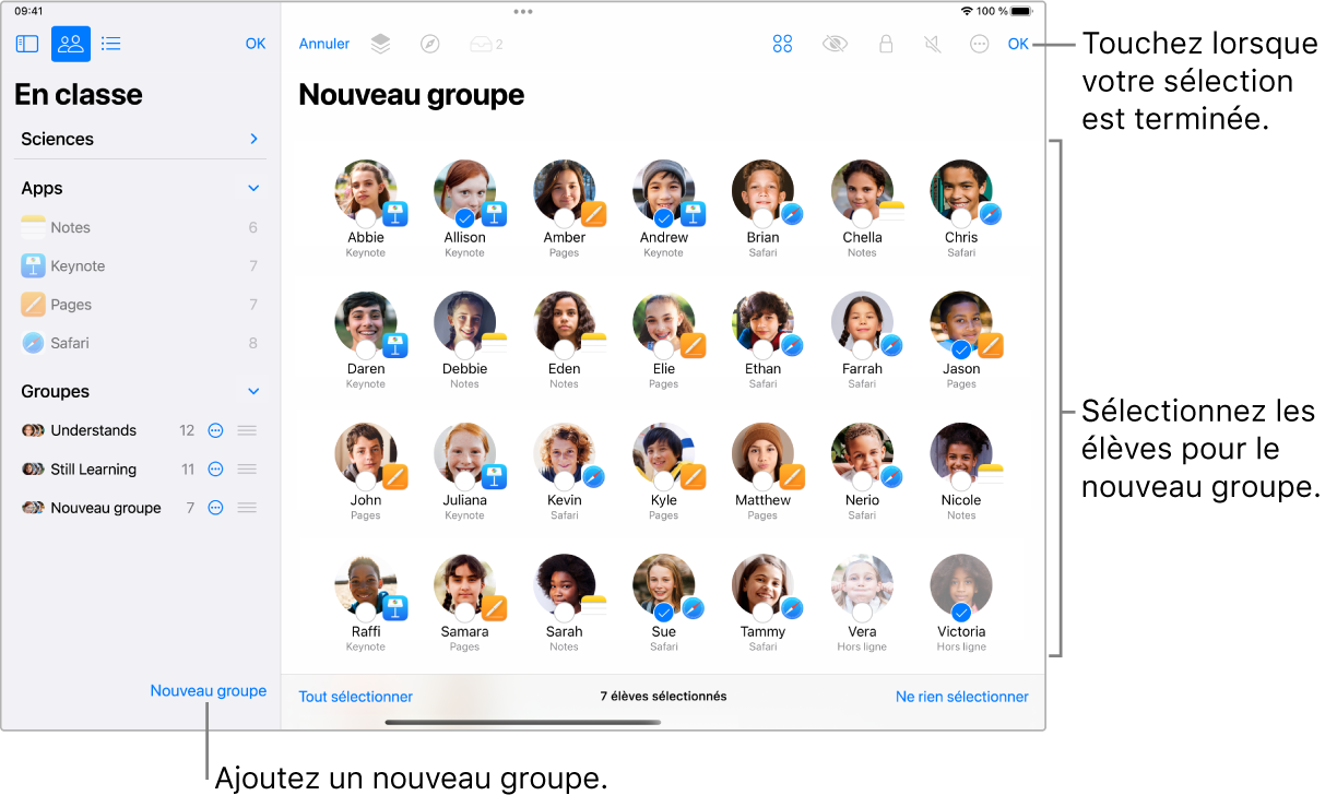 Fenêtre En classe montrant le nom et des photos d’élèves sélectionnés pour former un nouveau groupe.