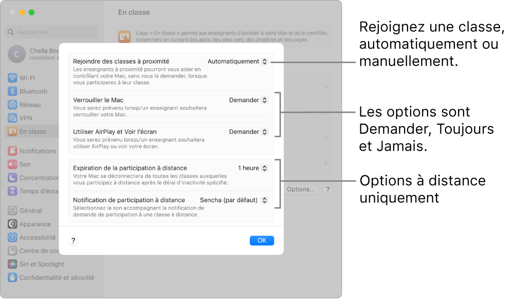 Affichage par les élèves des autorisations d’En classe qui leur sont accessibles.