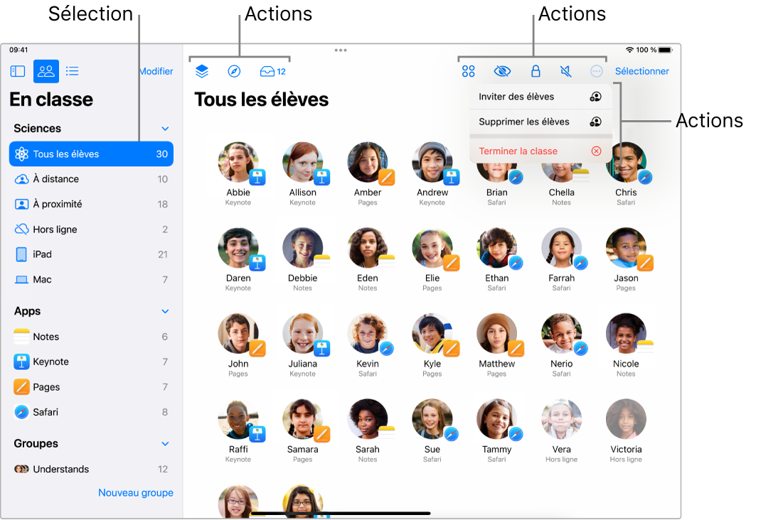 La fenêtre principale d’En classe sur l’iPad, affichant des actions pouvant être réalisées près du haut de la fenêtre.