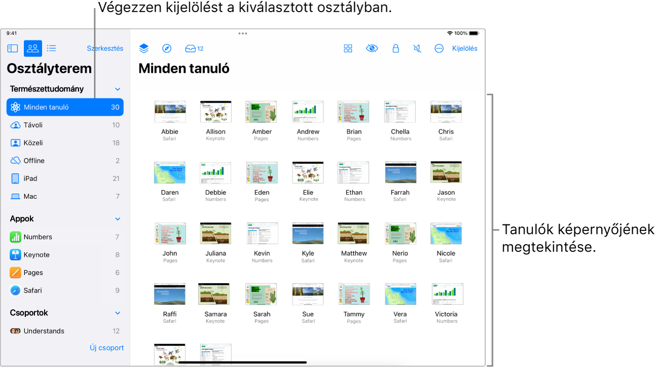 Az Osztályterem ablaka egy iPaden; a Képernyők gomb van kijelölve a műveletsoron, és a kijelölt csoport képernyői megtekinthetők.