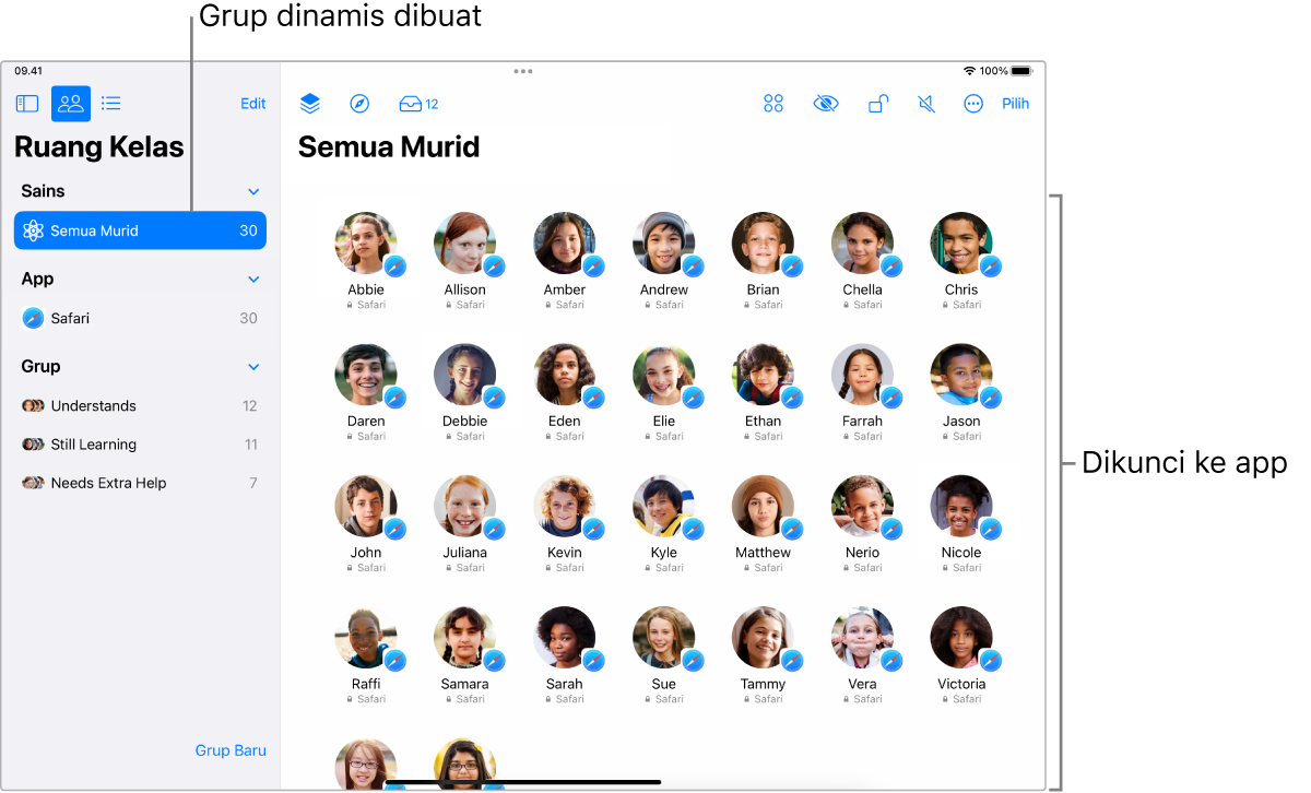 Jendela Ruang Kelas di iPad menampilkan grup murid yang “dikunci” ke sebuah app.