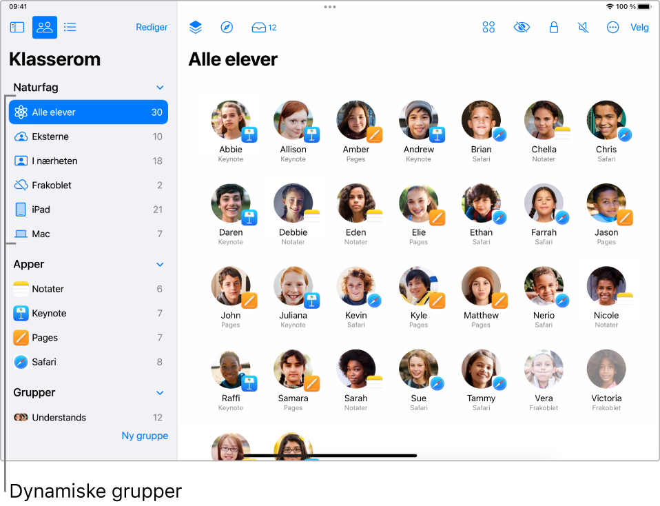 Hovedvisningen i Klasserom, som viser dynamiske grupper i sidepanelet.