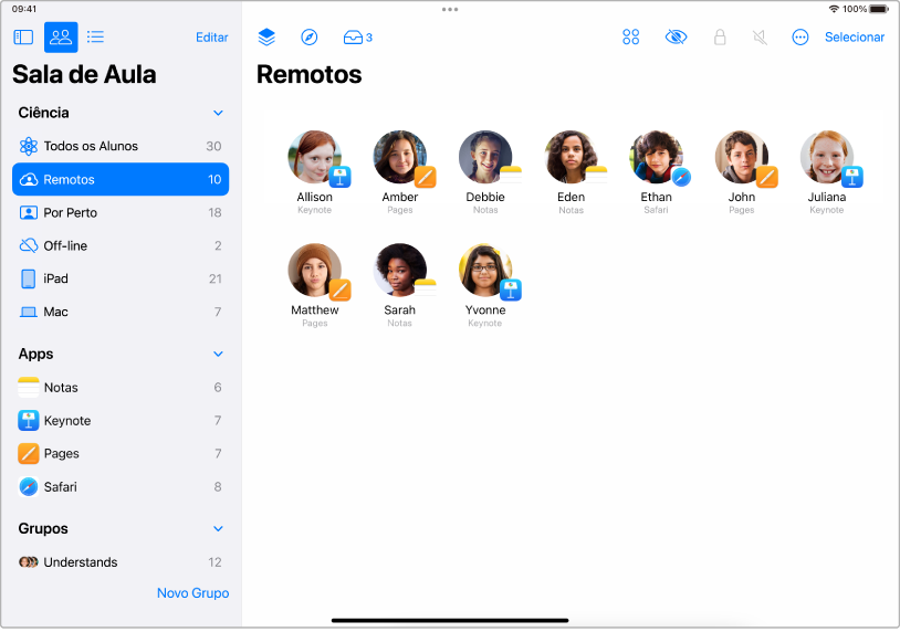 Janela do app Sala de Aula no iPad mostrando os alunos selecionados que são remotos.