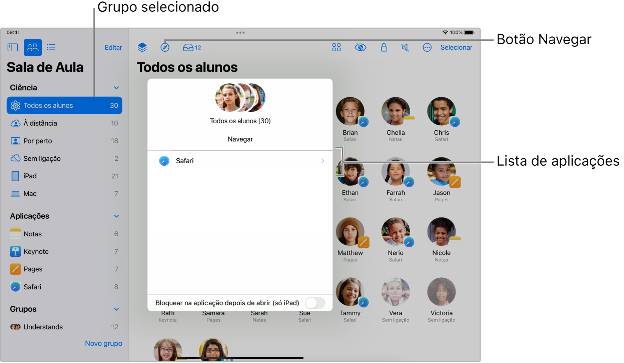 Uma janela da aplicação Sala de Aula no iPad com o botão Navegar e um grupo de alunos selecionado em destaque. O painel Navegar com dois destinos – Livros e Safari.