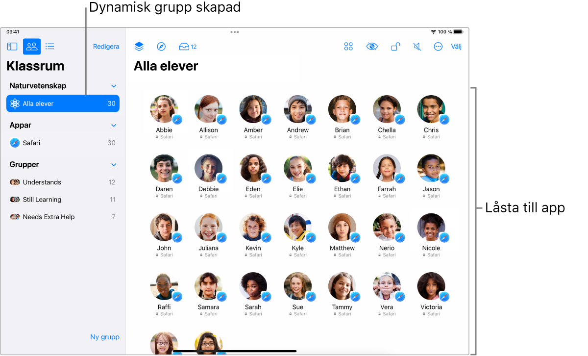 Klassrum-fönstret på iPad som visar en grupp elever som är ”låsta” till en app.