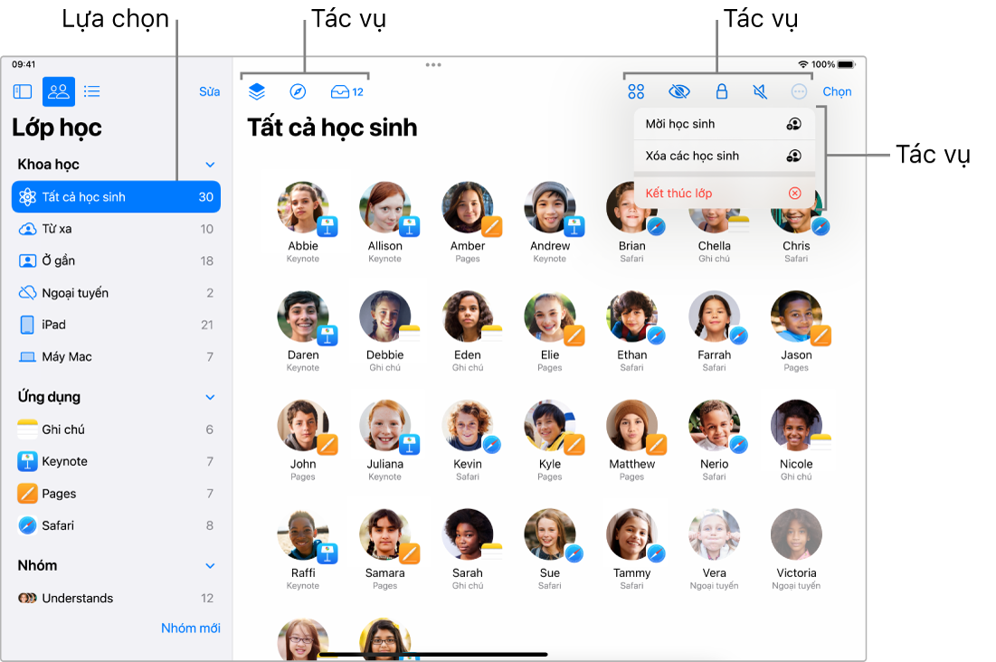 Cửa sổ chính của Lớp học trên iPad, đang hiển thị các tác vụ mà bạn có thể thực hiện ở gần đầu cửa sổ.