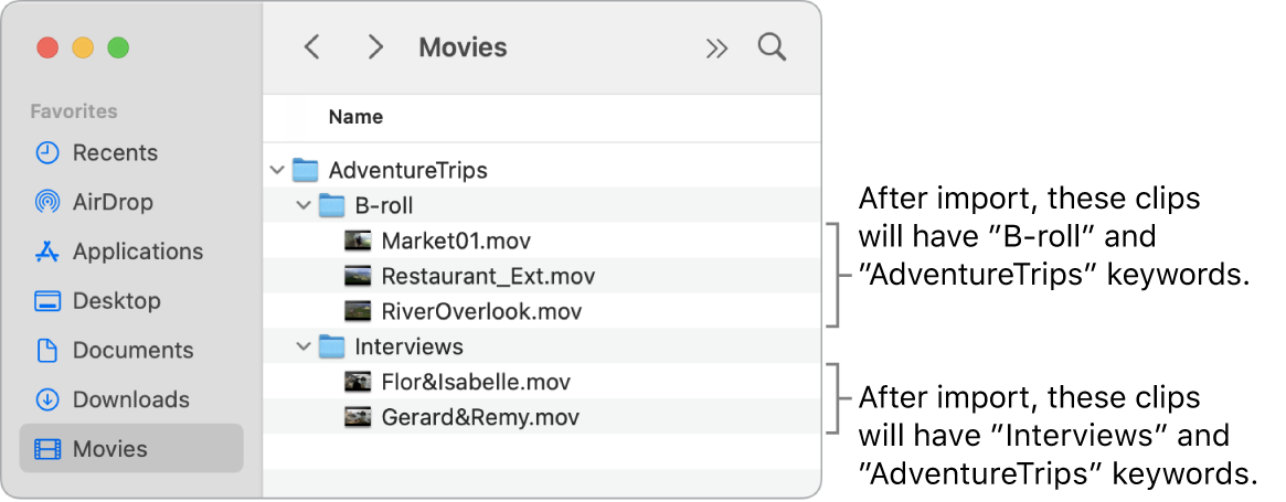 Der Finder mit Ausgangsmedien in Ordnern