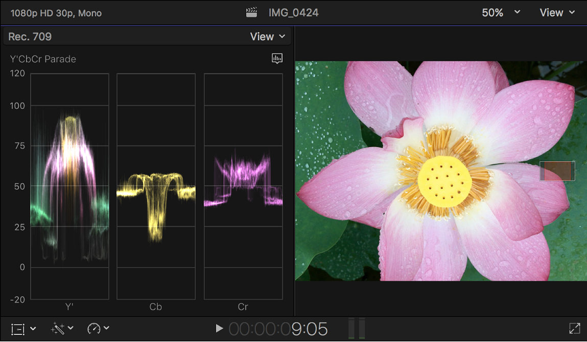 Der Waveform-Monitor „Y'CbCr-Parade“ links neben dem Viewer