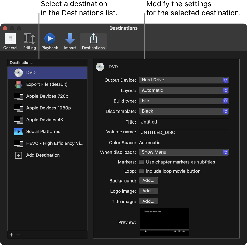 Der Bereich „Zielorte“ im Final Cut Pro-Fenster „Einstellungen“ mit dem in der Liste links ausgewählten DVD-Zielort