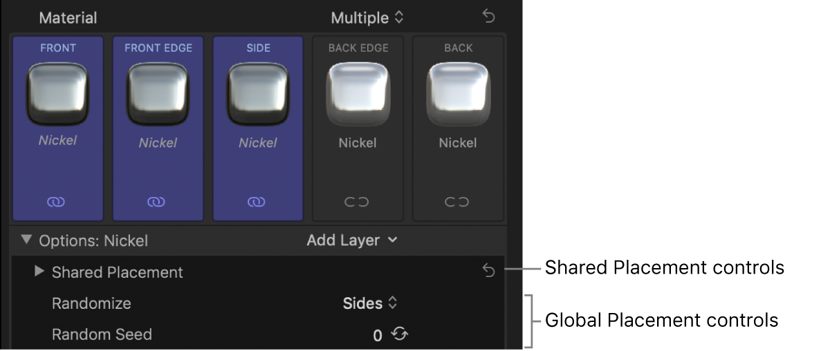 Placement controls in the Options section of the Materials section of the Text inspector