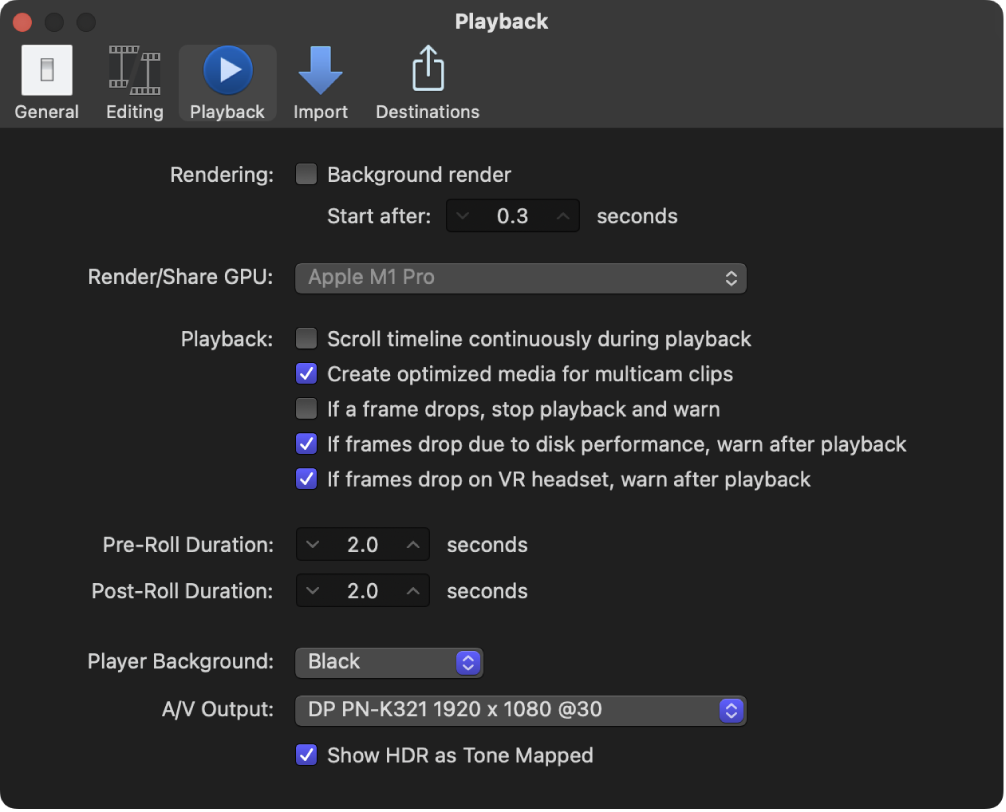 El panel Reproducción de la ventana Ajustes de Final Cut Pro