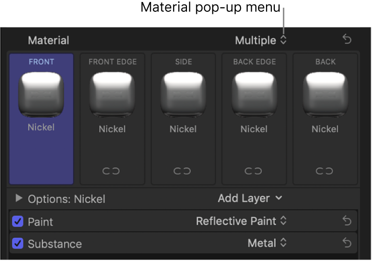 La sección Material del inspector de texto con miniaturas de previsualización para los lados frontal, borde frontal, lateral, borde posterior y posterior