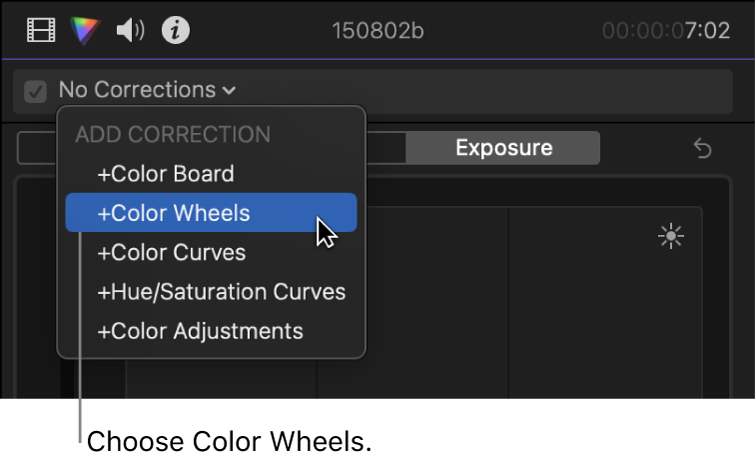Opción “Ruedas de color” seleccionada en la sección “Añadir corrección” del menú desplegable de la parte superior del inspector de color