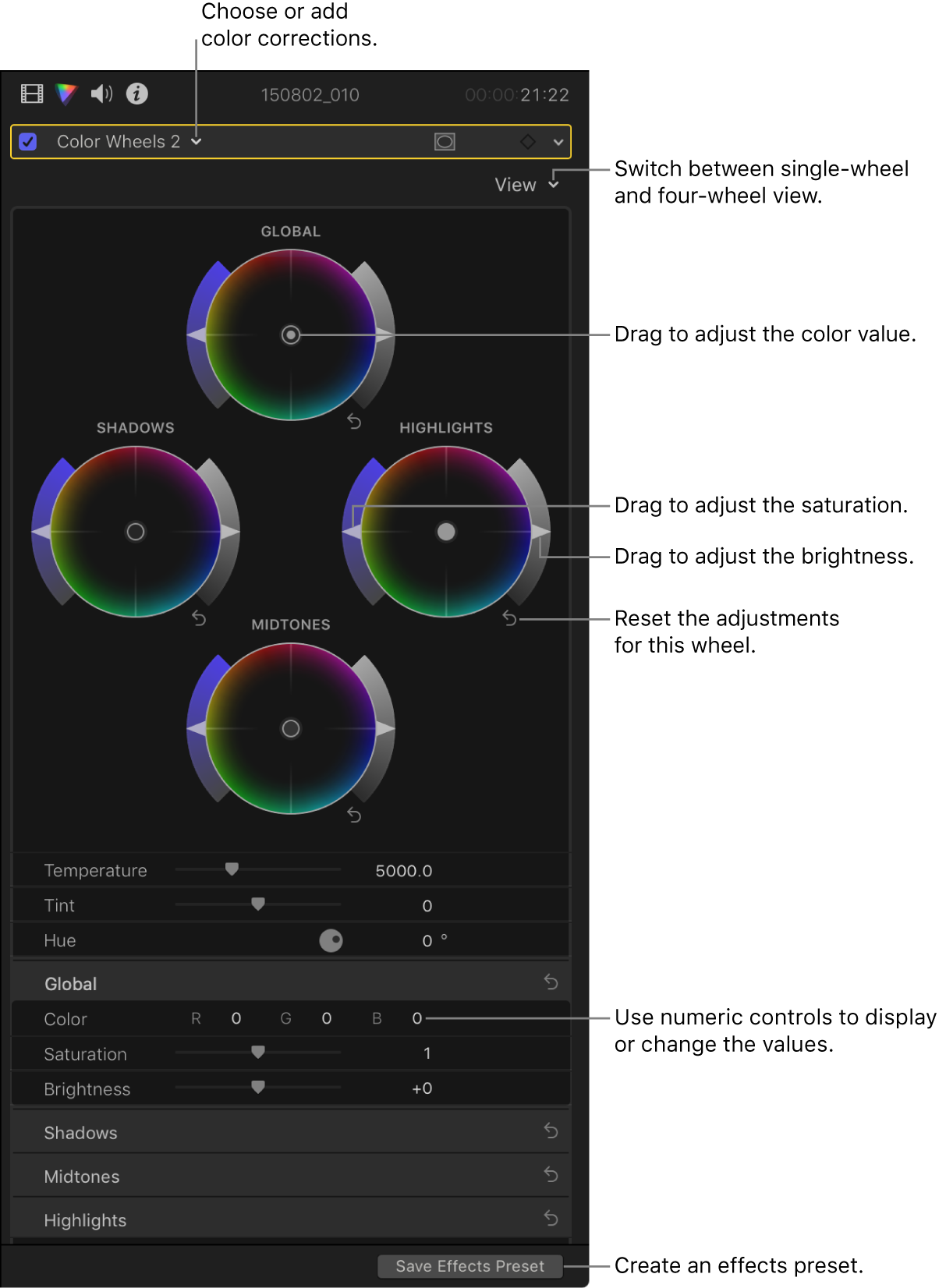 Controles de “Ruedas de color” en el inspector de color