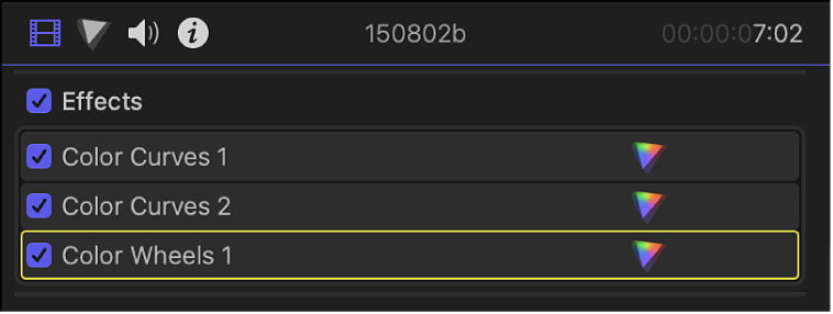 Efectos de corrección de color en la sección Efectos del inspector de vídeo