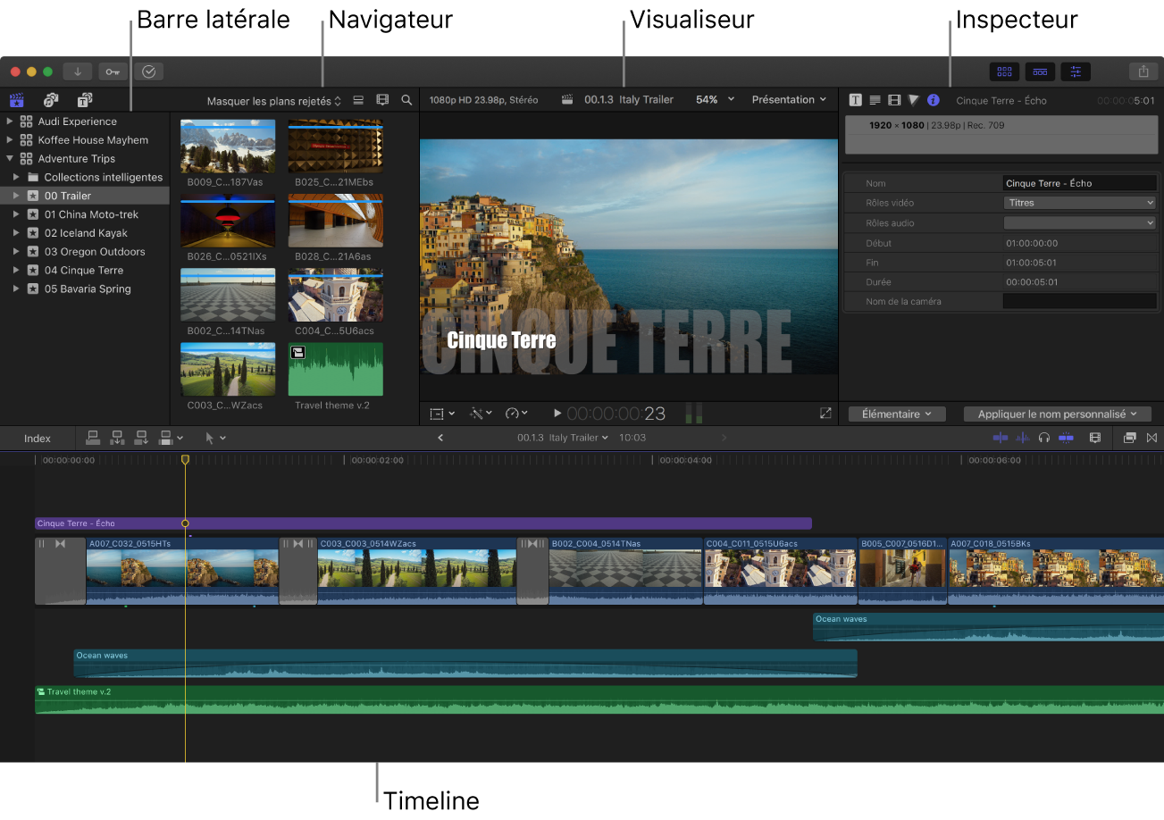 Fenêtre de Final Cut Pro affichant la barre latérale, le navigateur, le visualiseur, l’inspecteur et la timeline