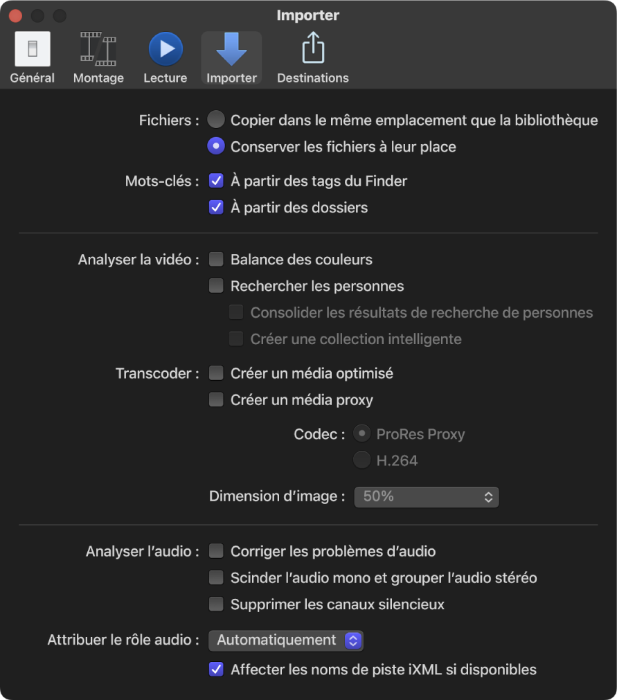 Sous-fenêtre Importation de la fenêtre Réglages de Final Cut Pro