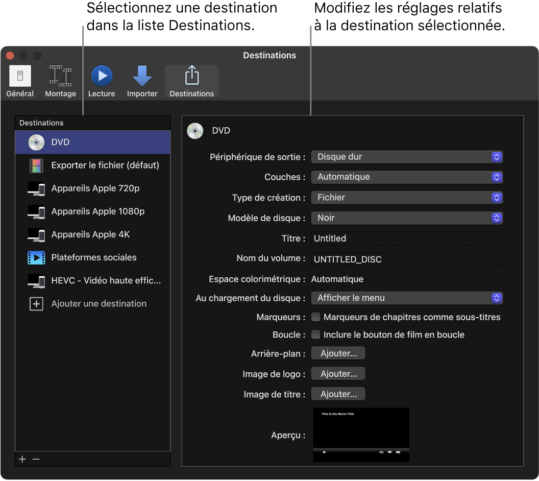 Sous-fenêtre Destinations de la fenêtre Réglages de Final Cut Pro avec l’option Destination DVD sélectionnée dans la liste de gauche