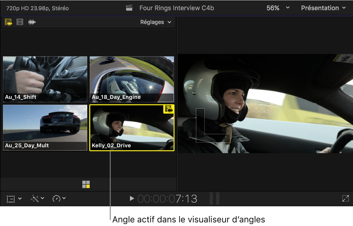 Visualiseur d’angle indiquant l’angle actif d’un plan multicam