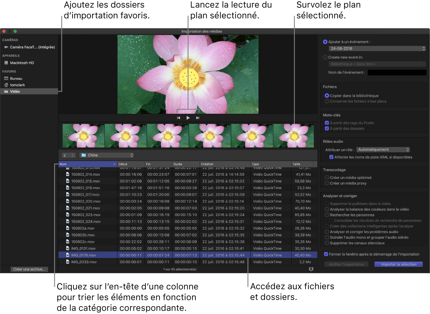 Fenêtre Importation des médias affichant les données disponibles dans le dossier sélectionné