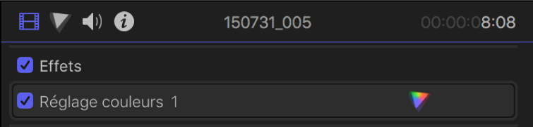 Effet Réglage couleurs dans la section Effets de l’inspecteur vidéo