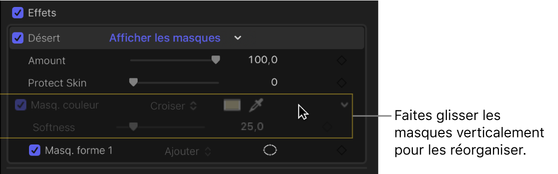 Section Effets de l’inspecteur vidéo avec un masque de couleur déplacé par glissement vers une autre position dans la liste