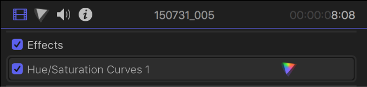 비디오 인스펙터의 효과 섹션에 있는 색조/채도 곡선 효과