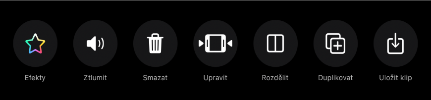 Tlačítka, která se objeví pod prohlížečem, když vyberete klip: zleva doprava Efekty, Ztlumit, Smazat, Upravit, Rozdělit, Duplikovat a Uložit klip