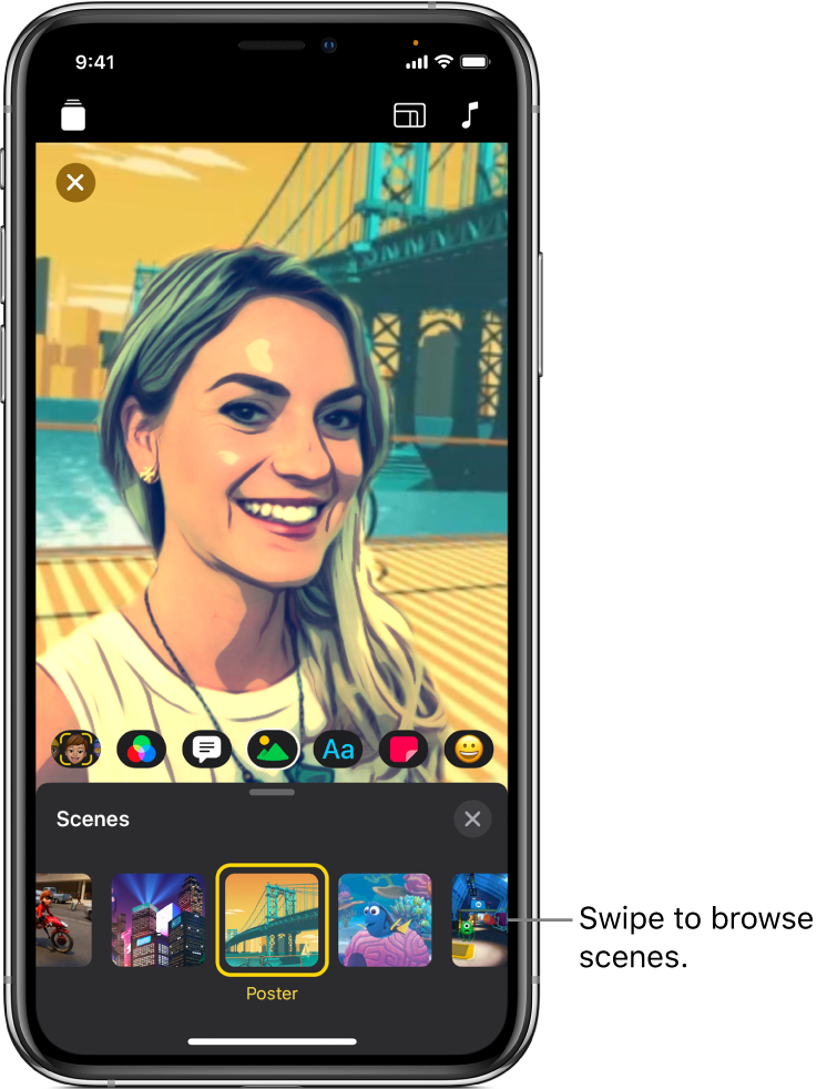 A Selfie Scene in the viewer, with scene options below.