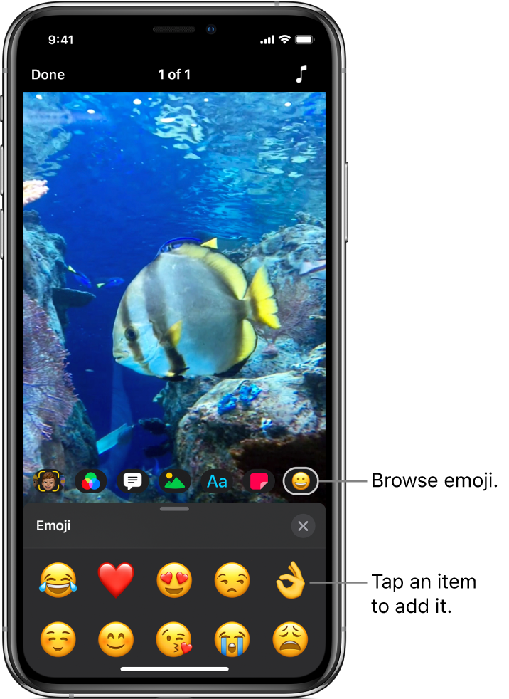 A video image in the viewer, with the Emoji button selected and emoji shown below.