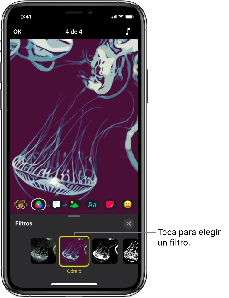 El visor mostrando un filtro aplicado a un clip, y el filtro Cómic seleccionado en la parte de abajo.