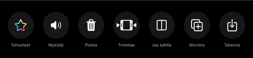 Katseluikkunan alla näkyvät painikkeet, kun klippi on valittuna. Vasemmalta oikealle painikkeet ovat Tehosteet, Mykistä, Poista, Trimmaa, Jaa, Monista ja Tallenna klippi.