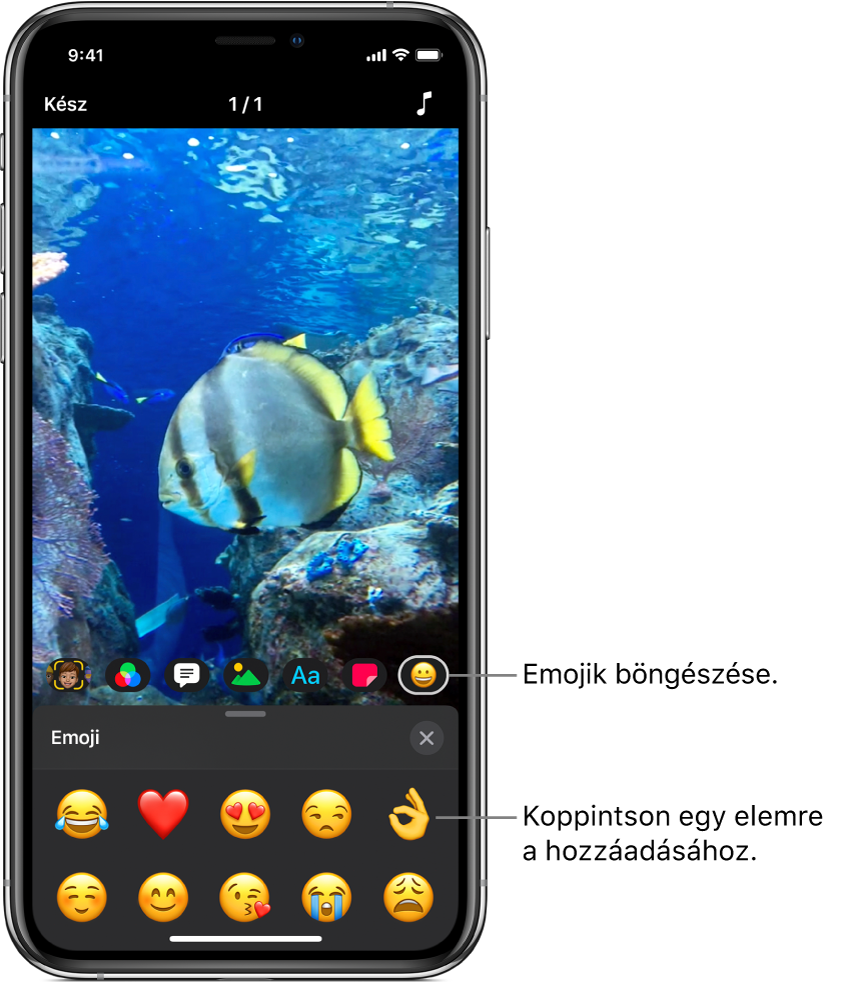 Egy videó képe a megtekintőben, alatta a kijelölt Emoji gombbal és egy emojival.