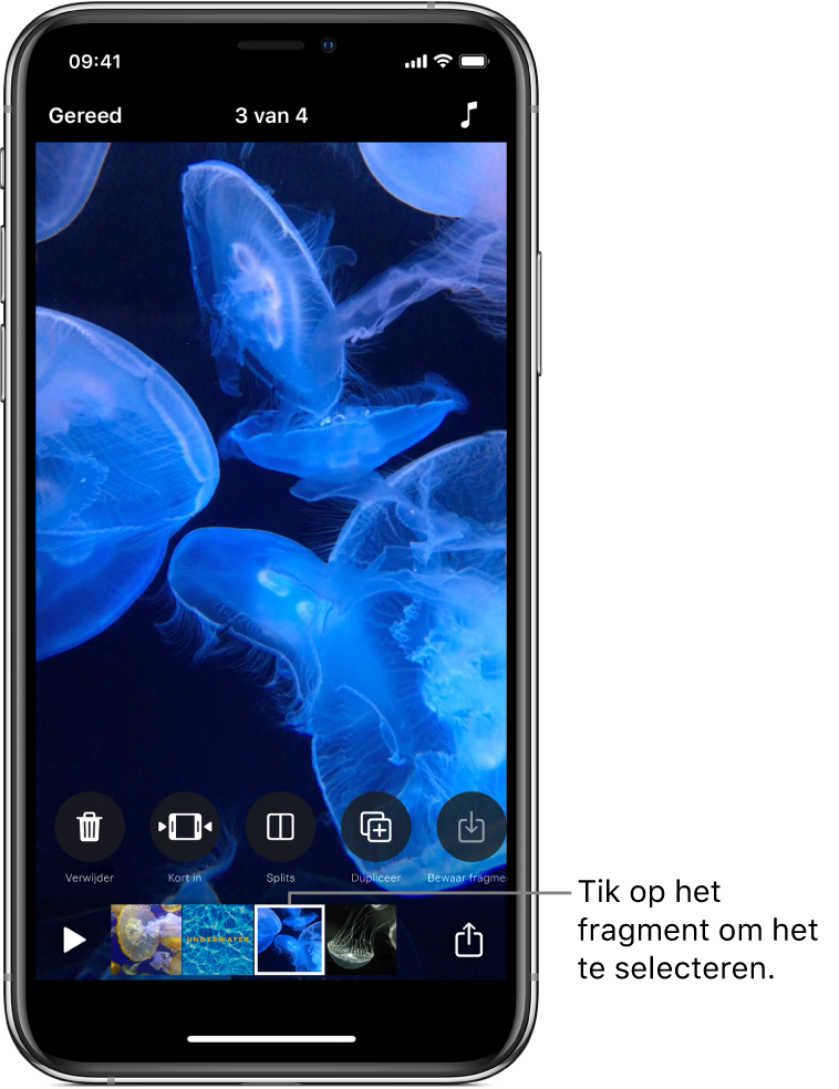 Een geselecteerd fragment in een video met boven het fragment een rij bewerkingsknoppen.