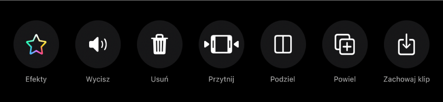 Przyciski widoczne pod przeglądarką, gdy zaznaczony jest klip. Przyciski od lewej do prawej to Efekty, Wycisz, Usuń, Przytnij, Podziel, Powiel oraz Zachowaj klip.