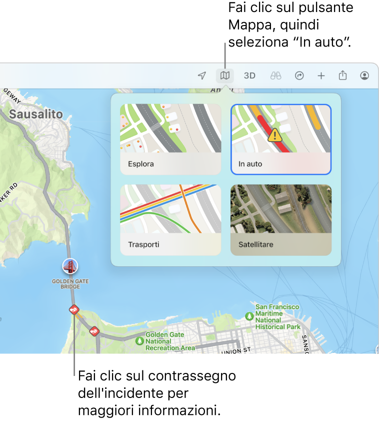 Una mappa di San Francisco con le opzioni della mappa visualizzate, la mappa Guida selezionata e degli incidenti sulla mappa.