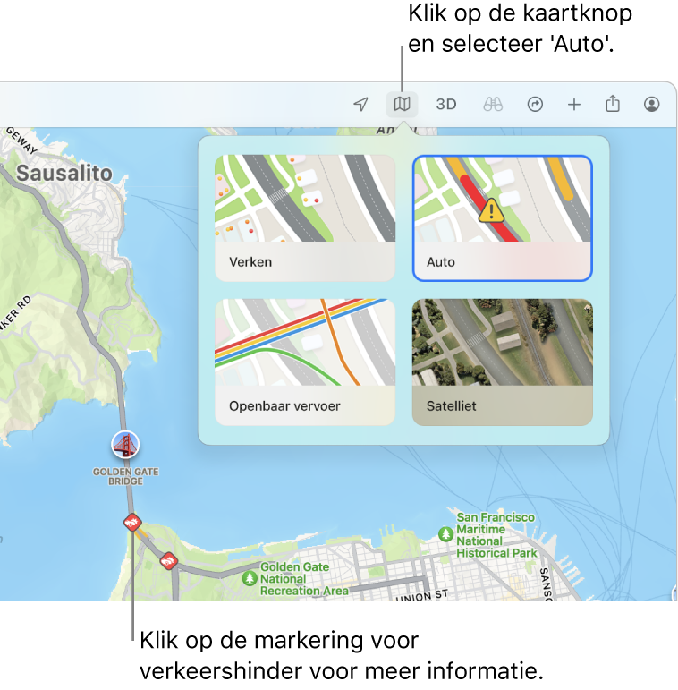 Een kaart van San Francisco met kaartopties, de autokaart geselecteerd en verkeershinder op de kaart.