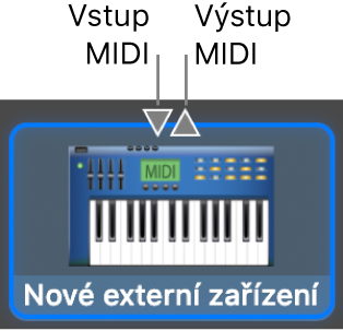 Vstupní a výstupní MIDI konektory nad ikonou nového externího zařízení.