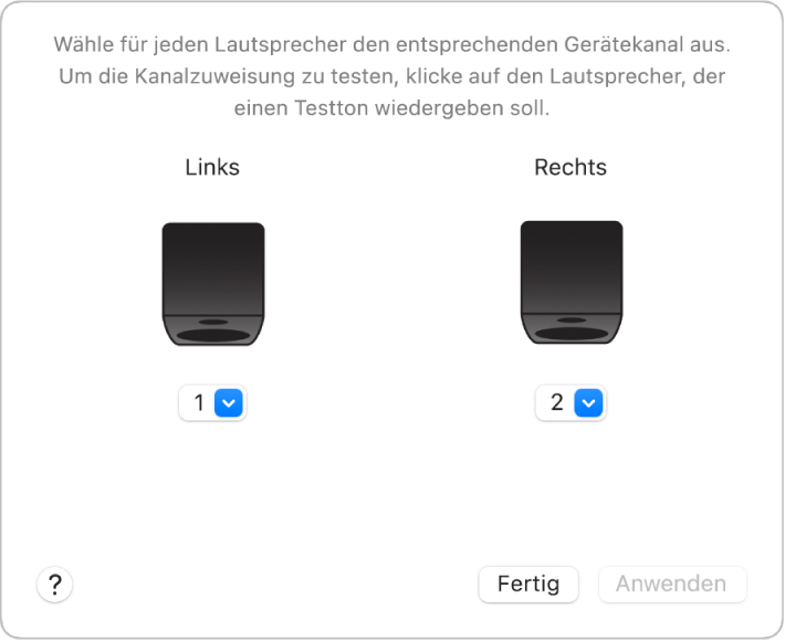 Das Fenster „Lautsprecher konfigurieren“ zeigt die linken und rechten Lautsprecher und die Einblendmenüs für den Stream.