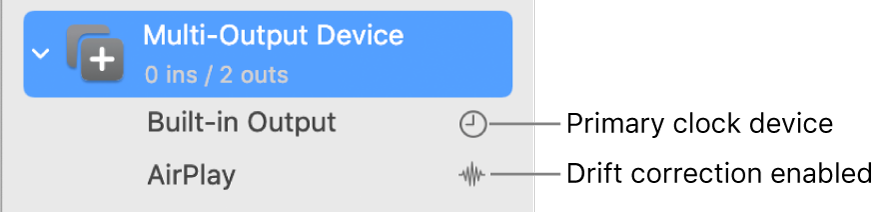 A list showing two output devices combined to make a multi-output device.