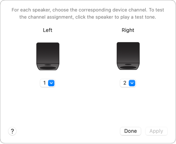 The Configure Speakers window showing Left and Right speakers and stream pop-up menus.