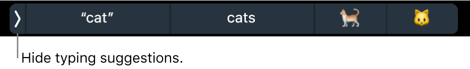 Typing suggestions showing words and emoji, and the button on the left to hide typing suggestions.