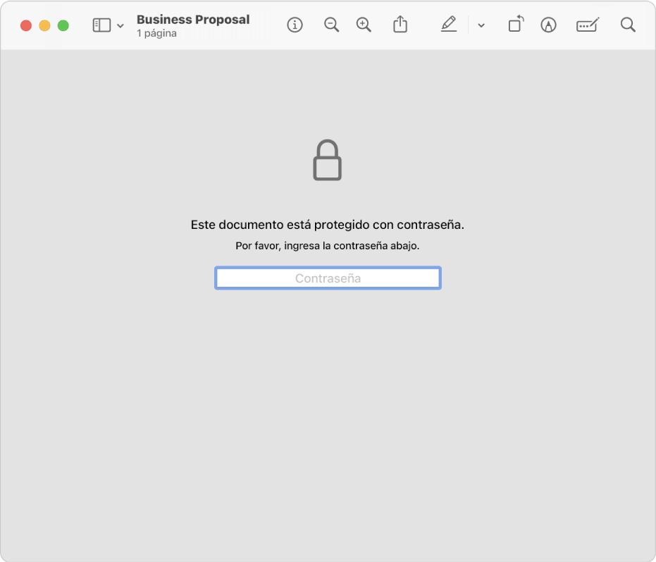 Un PDF protegido por contraseña que muestra un ícono de candado y un campo de texto para ingresar la contraseña que se necesita para abrir el archivo.
