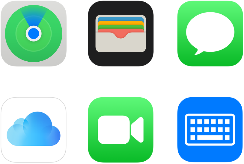 Symbole für sechs von Apple angebotene Dienste: „Wo ist?“, „Apple Wallet“, „iMessage“, „iCloud“, „FaceTime“ und „Tastatur“.