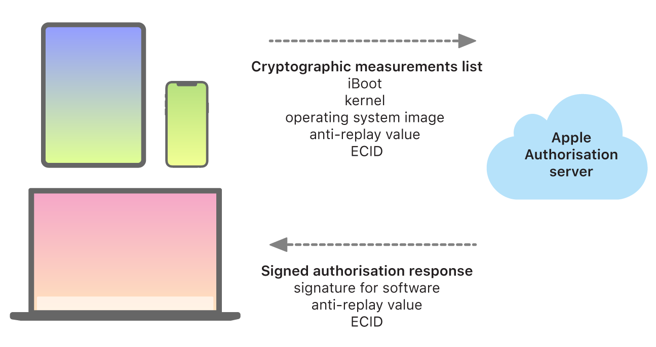 A diagram showing how Apple devices send information to the Apple Authorisation server, which in turn sends back a response.