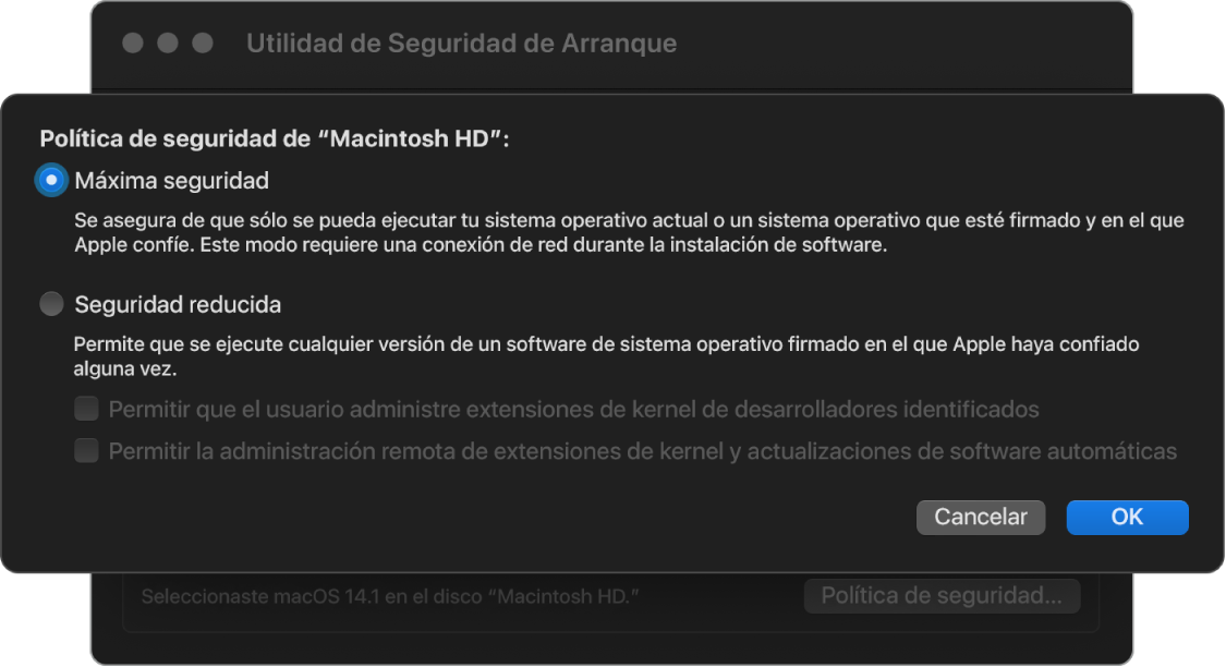 Un panel de selección de políticas de seguridad en Utilidad de Seguridad de Arranque, con la política Seguridad máxima seleccionada para el volumen Macintosh HD.