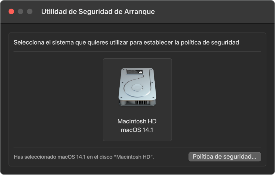 El panel de selección del sistema operativo en “Utilidad de seguridad de arranque”, que muestra el disco duro del Macintosh al que se quiere designar una política de seguridad. En la parte inferior derecha hay un botón que muestra las opciones de la política de seguridad para el volumen seleccionado.