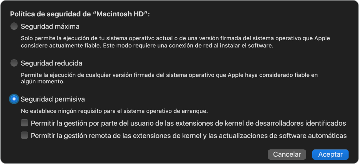 Panel de selección de políticas de seguridad en “Utilidad de seguridad de arranque”, con la opción “Seguridad permisiva” seleccionada para el volumen “Macintosh HD”.