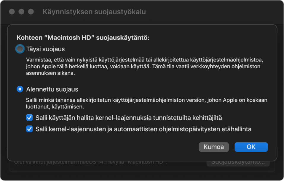 Suojauskäytännön valitsimen osio Käynnistyksen suojaustyökalussa. Valittuna on Alennettu suojaus ‑käytäntö taltiolle ”Macintosh HD”.