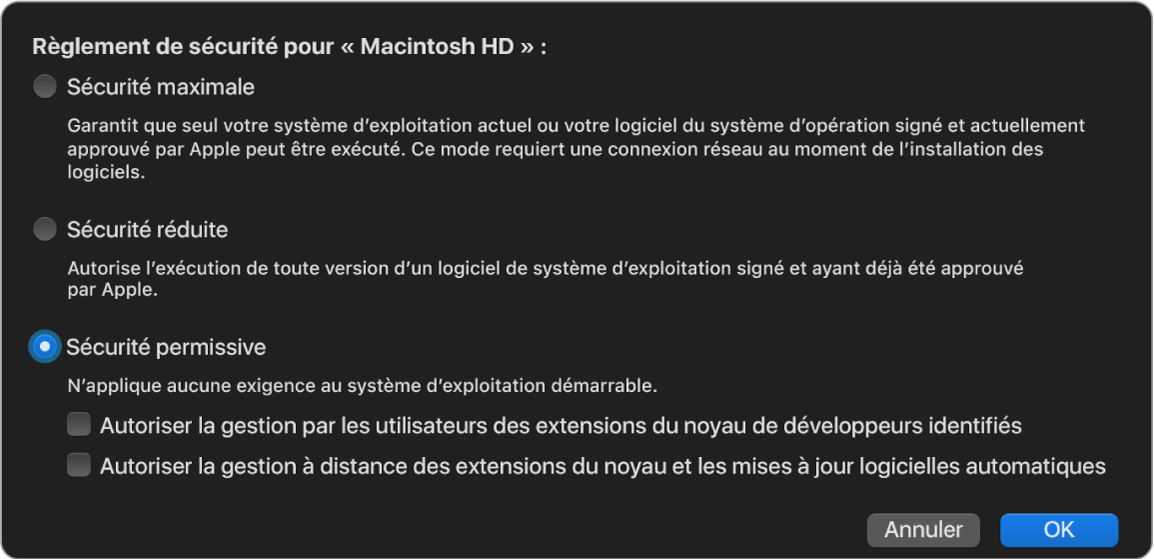 Une sous-fenêtre de sélecteur de politique de sécurité dans l’utilitaire Sécurité au démarrage, avec le règlement Sécurité permissive sélectionné pour le volume « Disque dur Macintosh ».